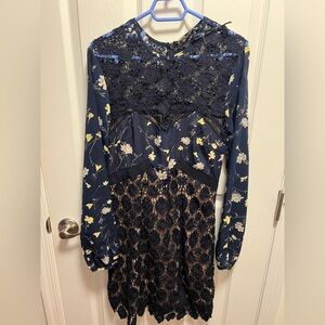 Elegant Midi Dress Navy, Black with Floral Print.